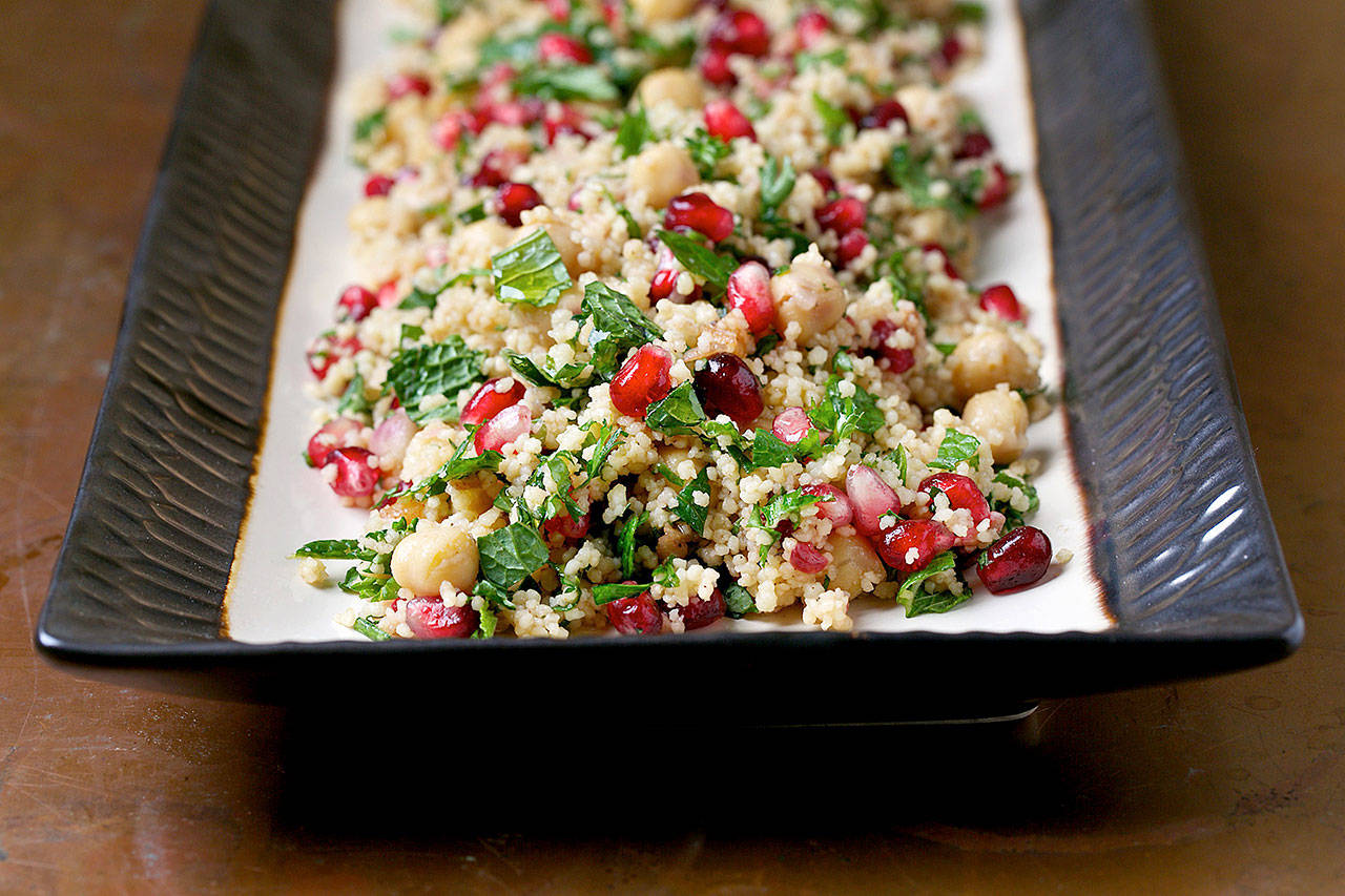 Chickpea and pomegranate salad makes a nice lunch, with color and crunch. (Photo by Deb Lindsey for The Washington Post)