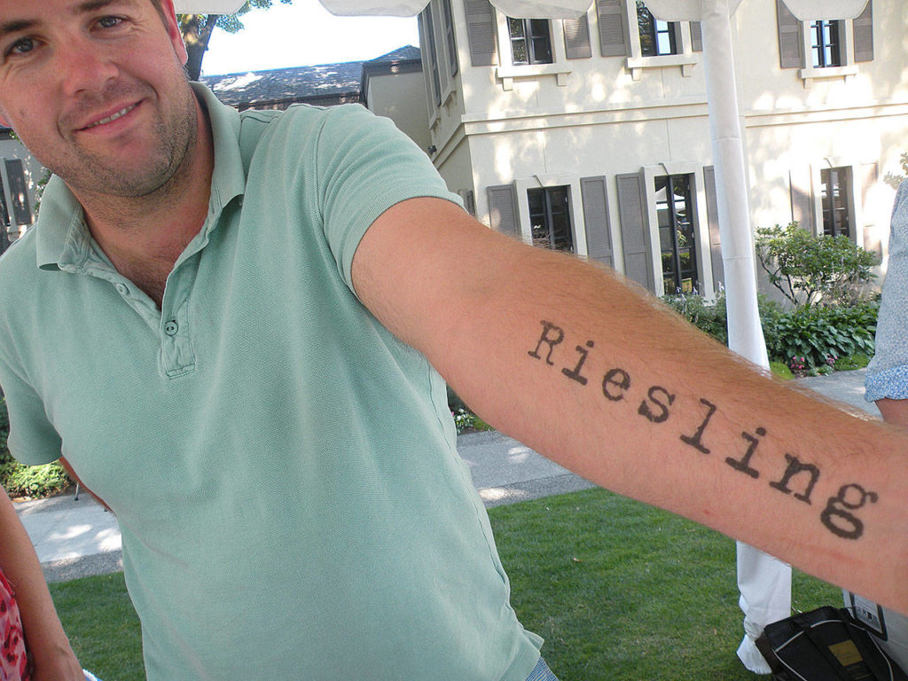 A Washington winemaker shows his dedication to riesling during the 2013 Riesling Rendezvous in Woodinville. (Photo by Andy Perdue/Great Northwest Wine)
