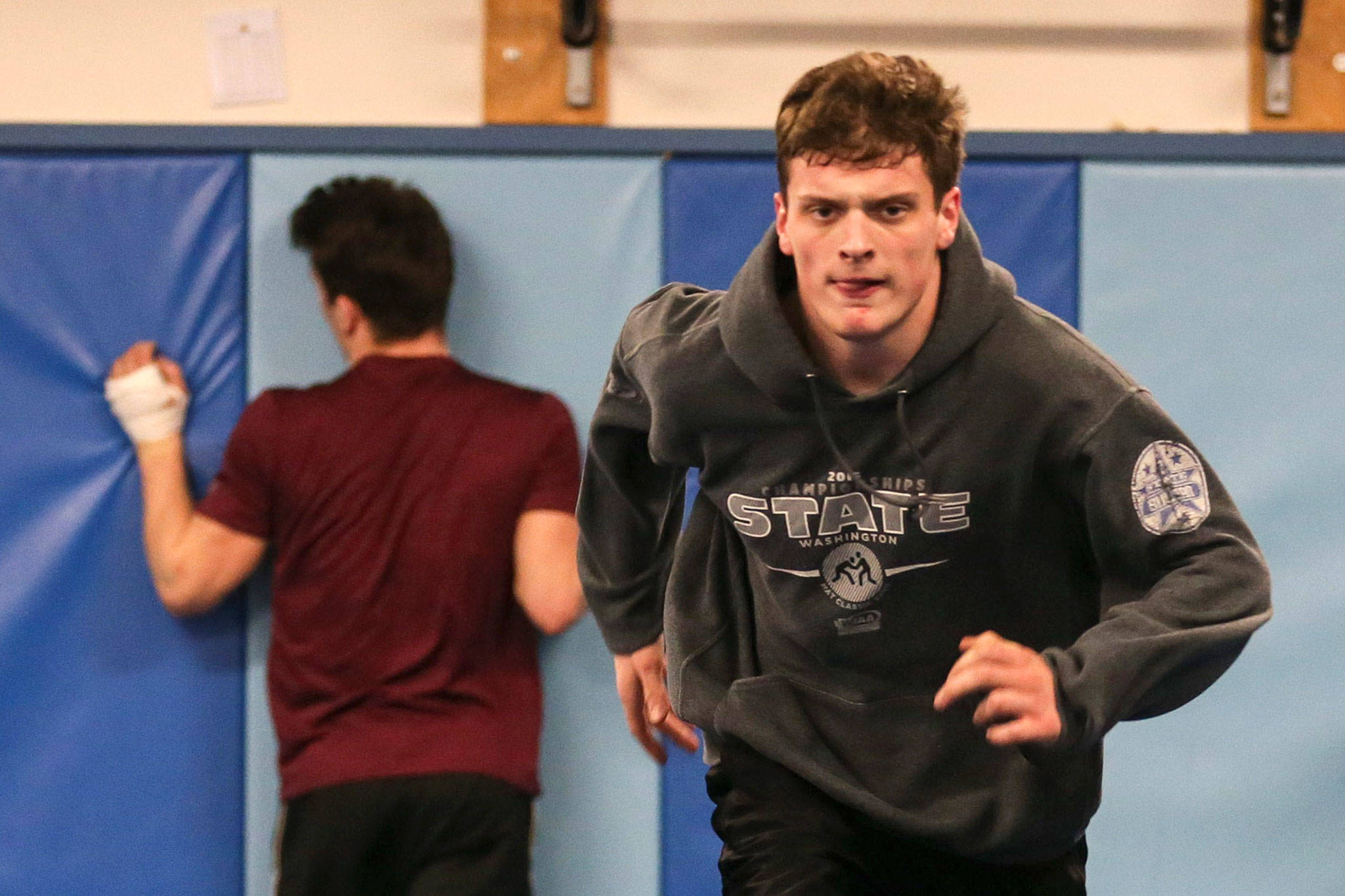 Kale Dennis during wrestling practice at Sultan High School in Sultan on February 1, 2018. (Kevin Clark / The Daily Herald)