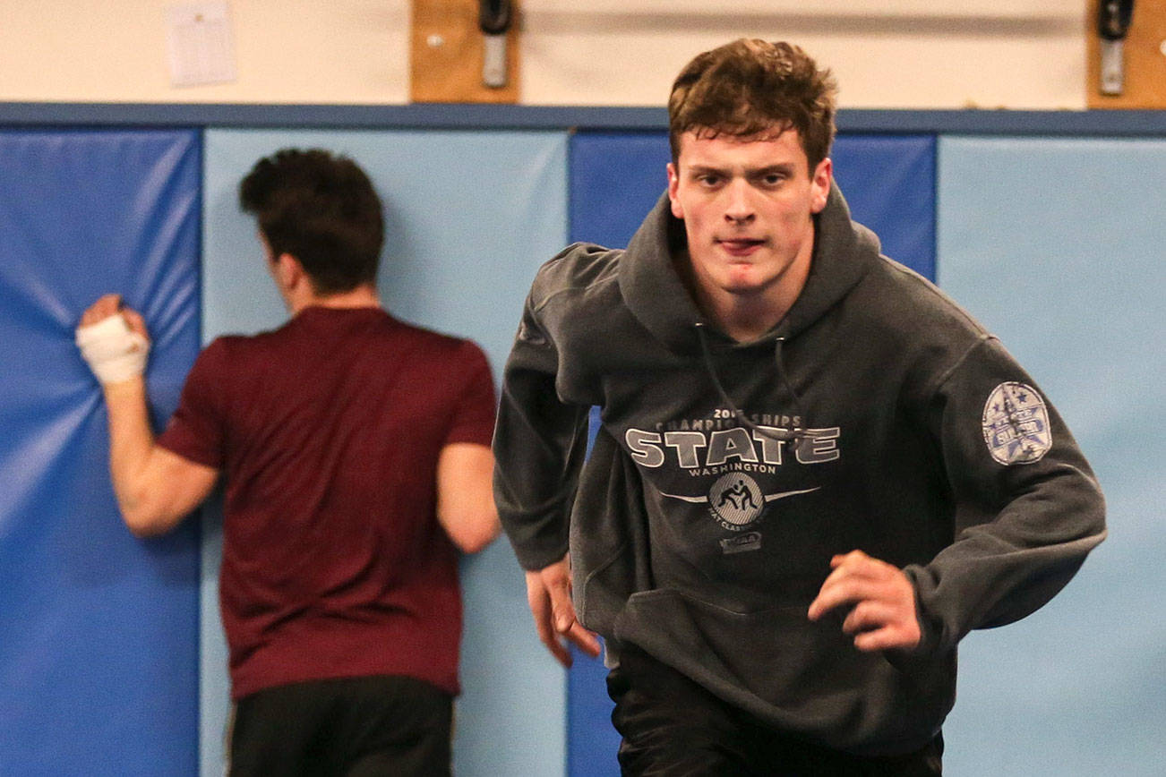 Kale Dennis during wrestling practice at Sultan High School in Sultan on February 1, 2018. (Kevin Clark / The Daily Herald)