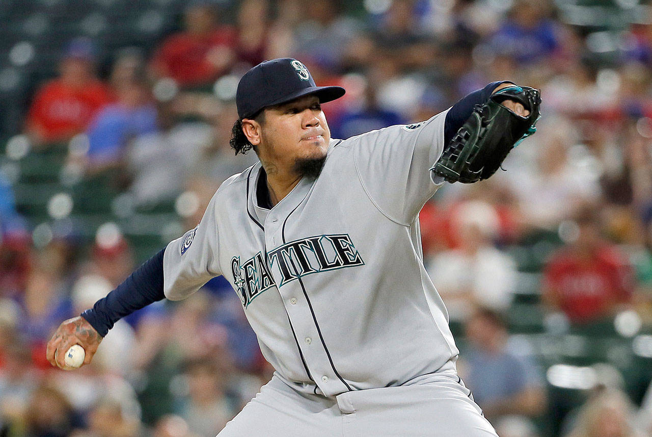Seattle’s Felix Hernandez throws in a game against Texas on Sept. 14, 2017 in Arlington, Texas. The performance of the Mariners’ starting rotation will determine a great deal of the team’s fortunes in 2018. (AP Photo/Tony Gutierrez)