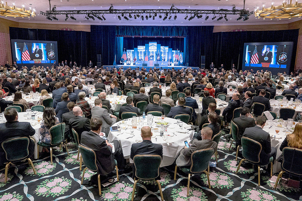 President Donald Trump speaks at the 2018 House and Senate Republican Member Conference at The Greenbrier in White Sulphur Springs, West Virginia, on Thursday. (AP Photo/Andrew Harnik)