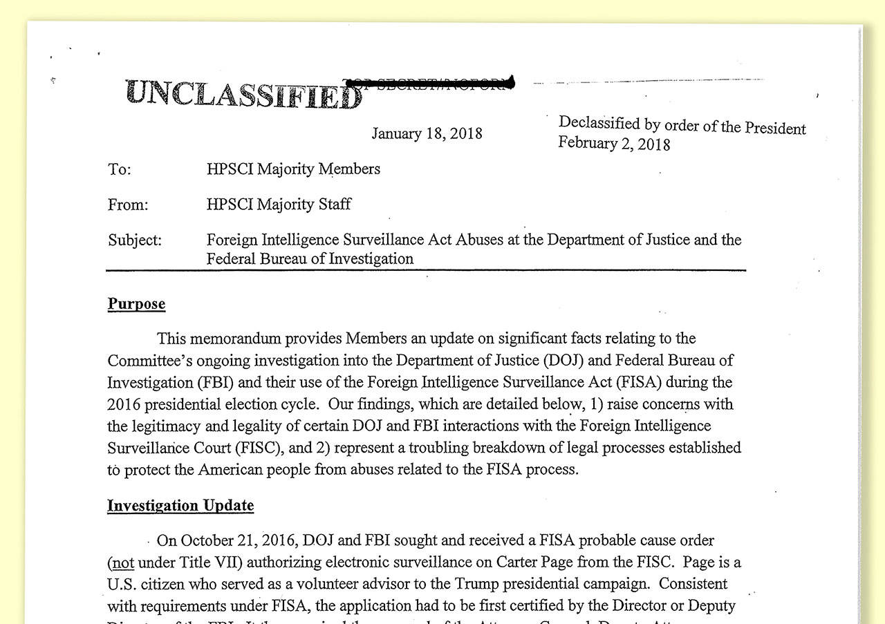 The first page of the declassified memo written by Republican staffers for the House Intelligence Committee.