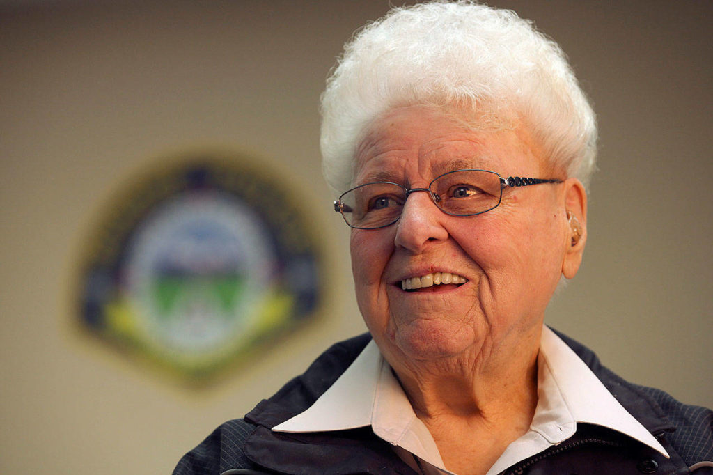 Sister Barbara Geib retired in 2016 as an advocate for victims of domestic violence with the city of Monroe. A volunteer chaplain with Monroe’s police and fire departments and a parish sister at St. Mary of the Valley Catholic Church, Geib died Feb. 4 at age 85. (Kevin Clark / The Herald)
