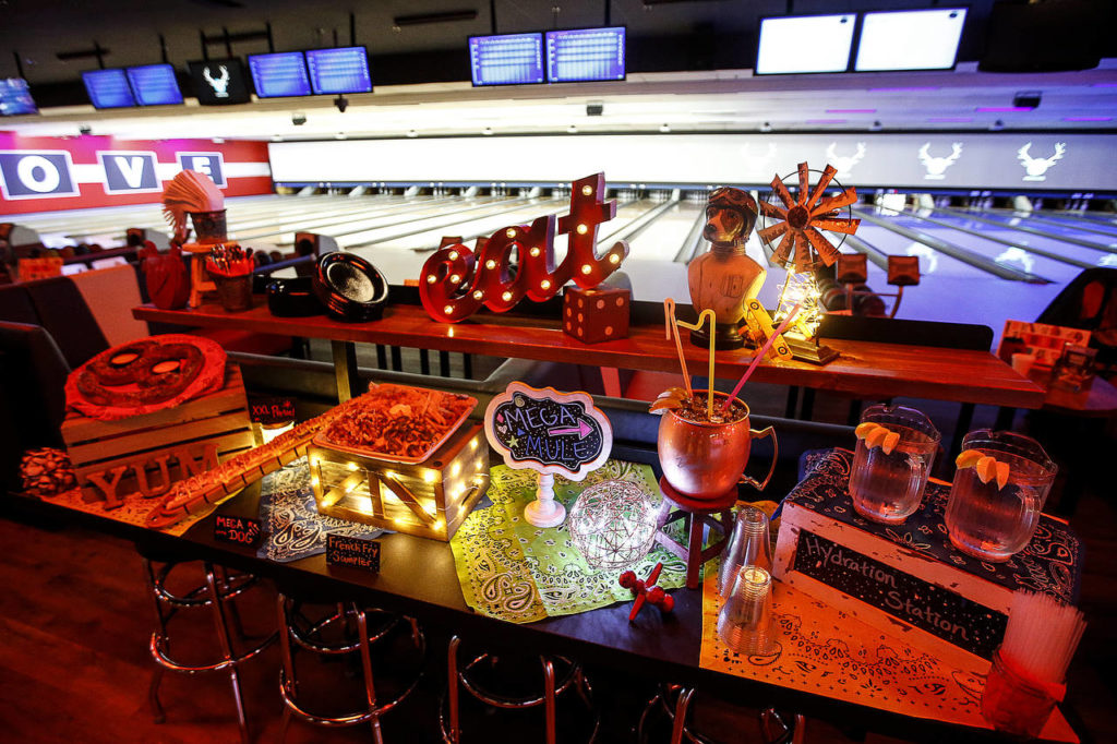 Food and drink samples at Bowlero in Lynnwood. (Ian Terry / The Herald)
