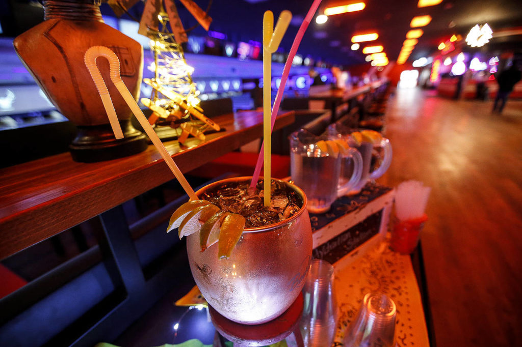 The “Mega Mule” drink is seen at the newly opened Bowlero in Lynnwood on Feb. 2. (Ian Terry / The Herald)

