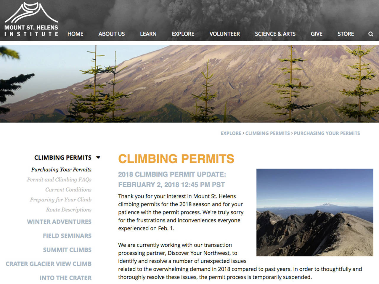 The website of the Mount St. Helens Institute crashed from so many permit seekers. (Mount St. Helens Institute)