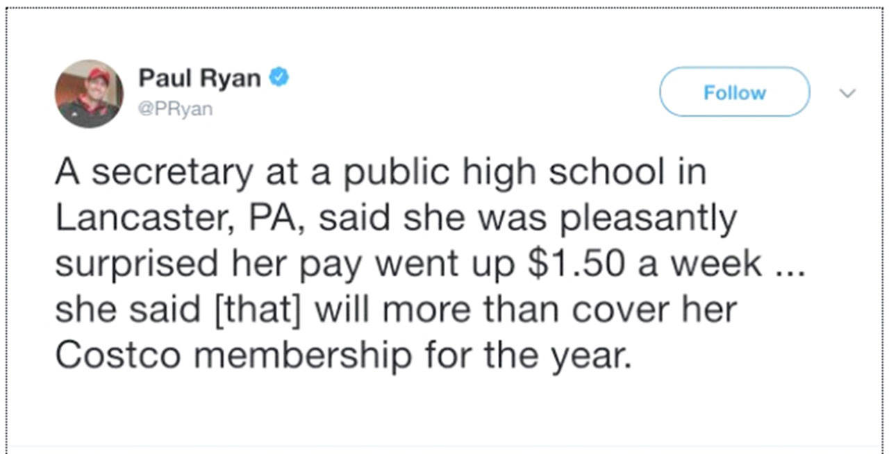 Paul Ryan tweeted then deleted this missive about a secretary’s tax cut savings. (Twitter)
