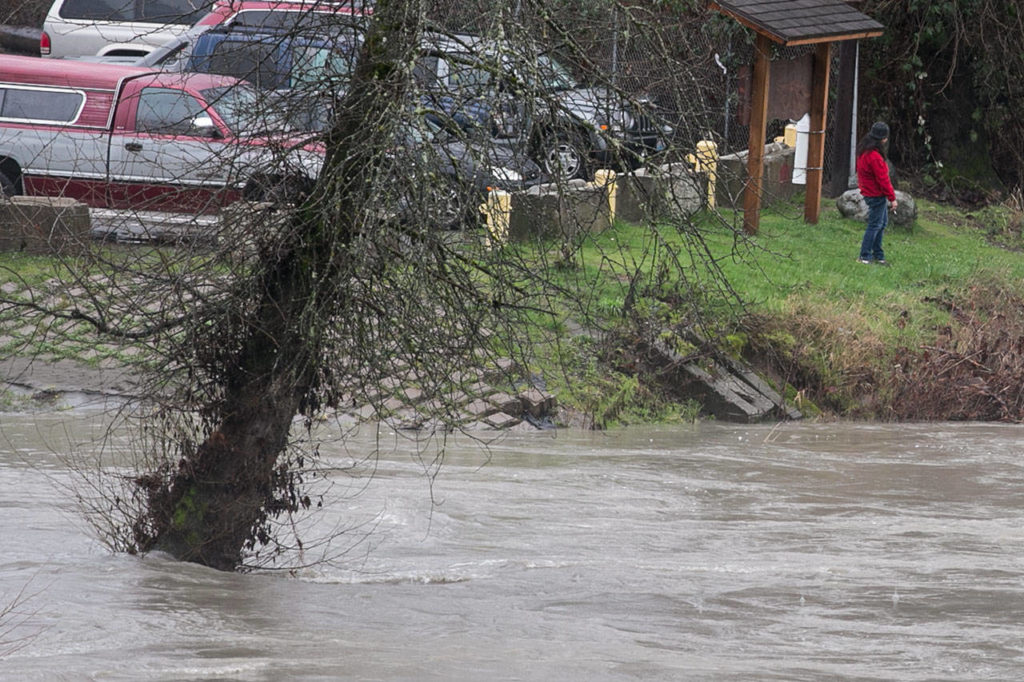 Raising waters swamp the boat ramp at Haller Park in Arlington on Sunday. (Kevin Clark / The Daily Herald)
