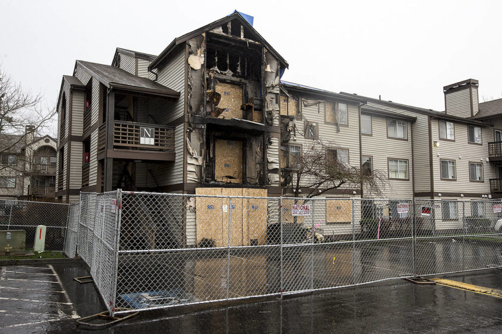 The remnants of an apartment that burned on Jan. 29 at Olin Fields Apartments in Everett are seen after a week. (Ian Terry / The Herald)
