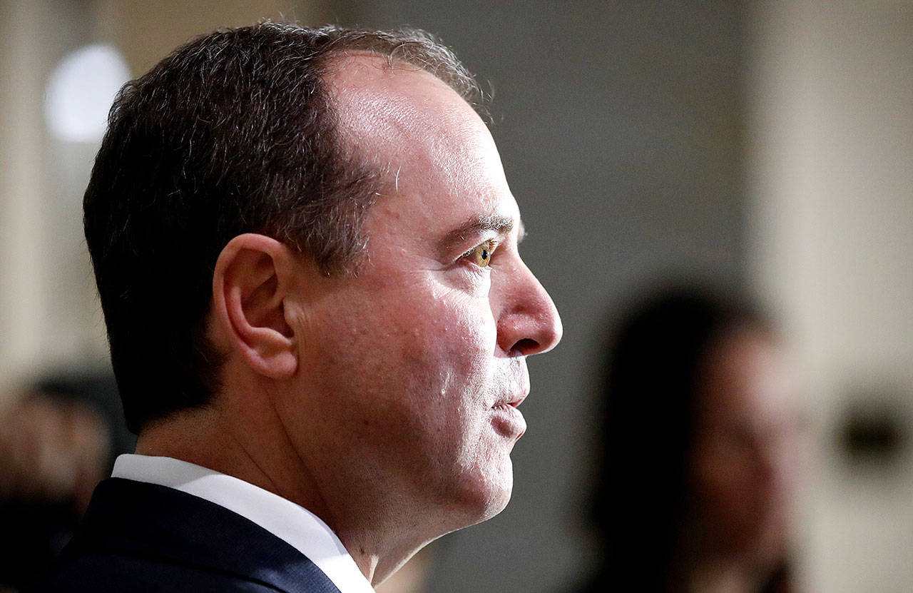 Rep. Adam Schiff, D-California, ranking member of the House Committee on Intelligence, speaks during a media availability after a closed-door Monday meeting of the committee on Capitol Hill in Washington. (AP Photo/Alex Brandon)