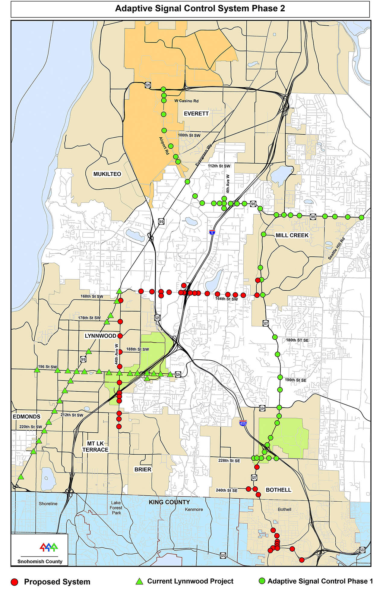 Snohomish County’s adaptive signal control project will take place in two phases. The first signals to get upgraded, in 2018, are shown as green circles. Signals getting upgrades during a second phase are shown as red circles. Existing adaptive control signals in Lynnwood are shown as green triangles. The completed system will link the manufacturing and industrial center at Boeing/Paine Field (shown in gold) with the Canyon Park and Lynnwood regional centers (shown in green).