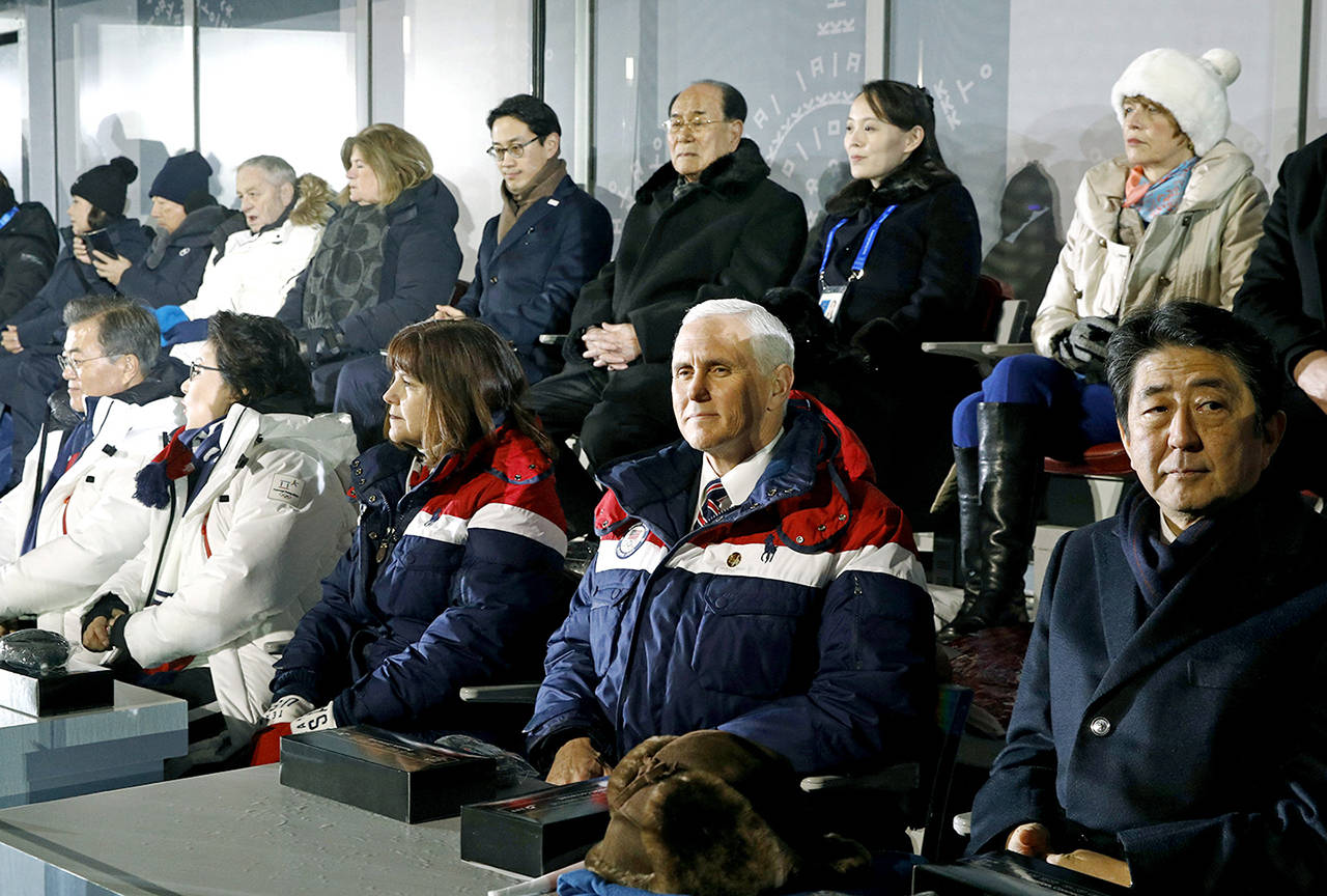 Vice President Mike Pence (second from bottom right) sits between second lady Karen Pence and Japanese Prime Minister Shinzo Abe at the opening ceremony of the 2018 Winter Olympics in Pyeongchang, South Korea, on Friday. Seated behind Pence are Kim Yong Nam (third from top right), president of the Presidium of North Korean Parliament, and Kim Yo Jong (second from top right), sister of North Korean leader Kim Jong Un. (AP Photo/Patrick Semansky, Pool)