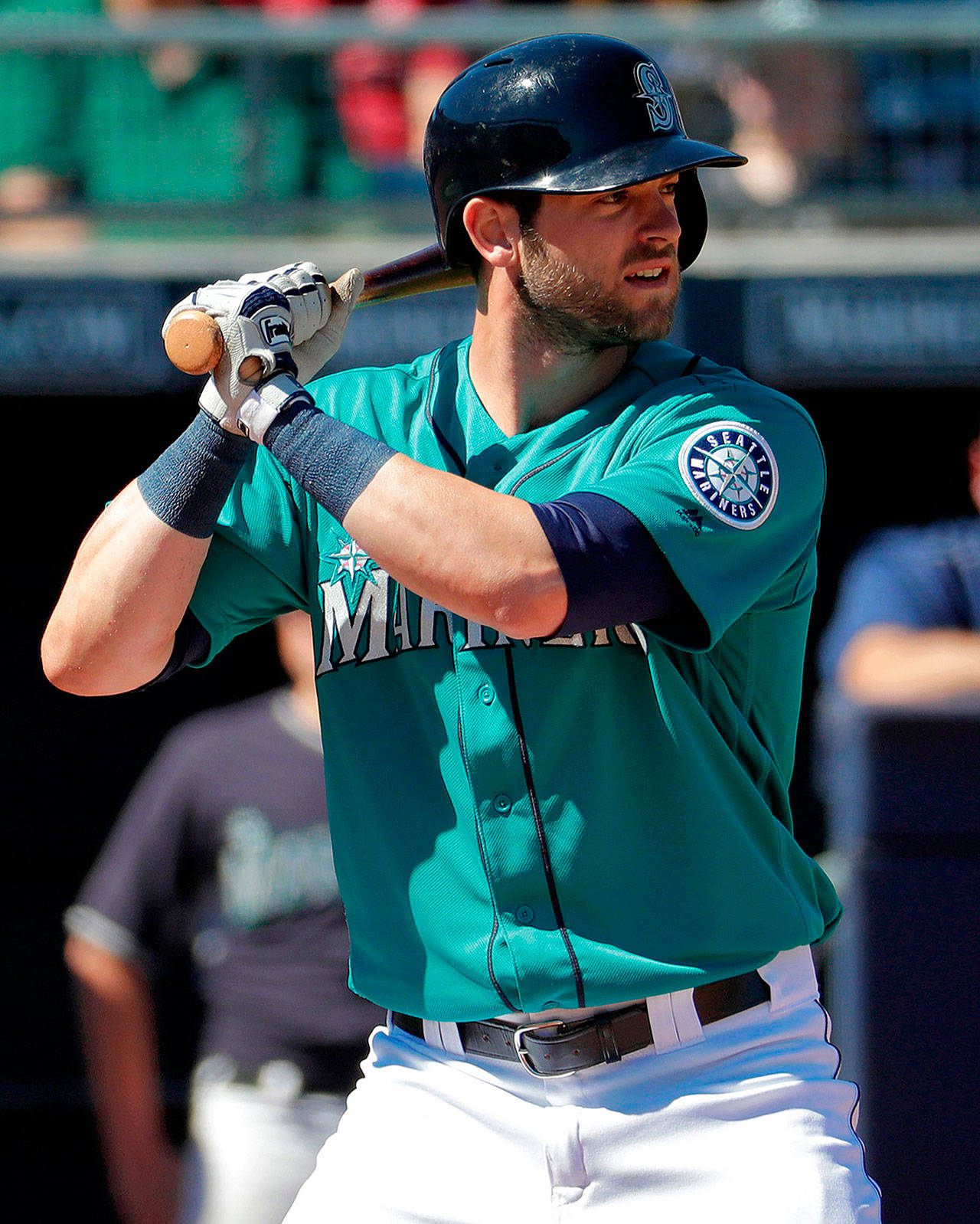 This March 6, 2017, photo shows Seattle Mariners’ Mitch Haniger batting during the first inning of a spring-training game against the Texas Rangers in Peoria, Arizona. Haniger is rated as the No. 9 right fielder in baseball by mlb.com. (AP Photo/Matt York)