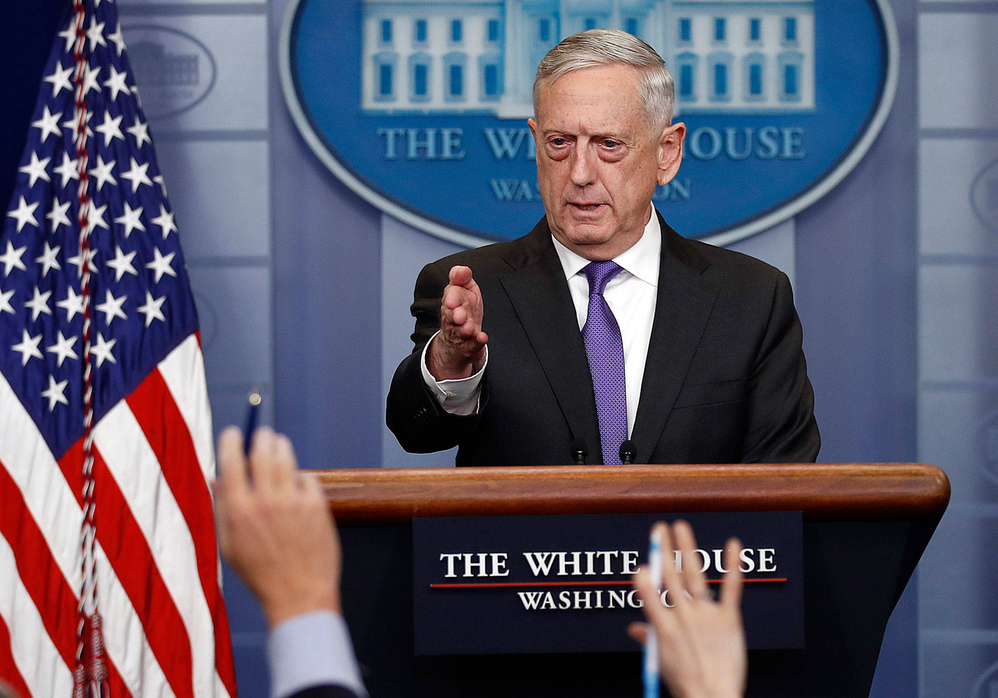 Defense Secretary Jim Mattis takes questions during the daily news briefing at the White House on Wednesday. (AP Photo/Carolyn Kaster)