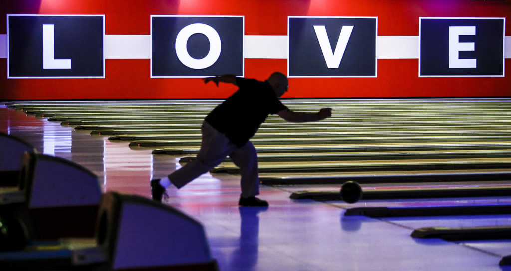 A bowler throws at the newly opened Bowlero in Lynnwood on Feb. 2. (Ian Terry / The Herald)
