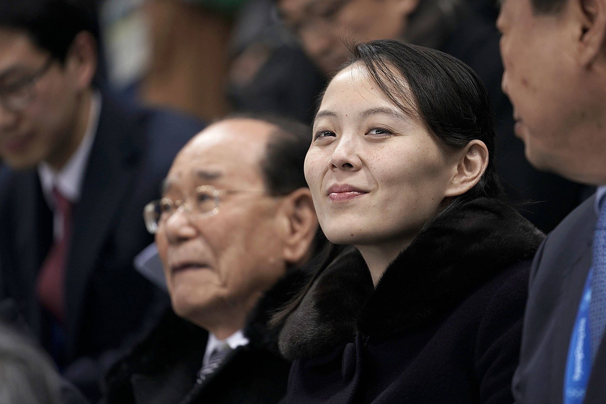 Kim Yo Jong, sister of North Korean leader Kim Jong Un, and North Korea’s nominal head of state, Kim Yong Nam, wait for the start of a women’s hockey game Saturday at the 2018 Winter Olympics in Gangneung, South Korea. (AP Photo/Felipe Dana)