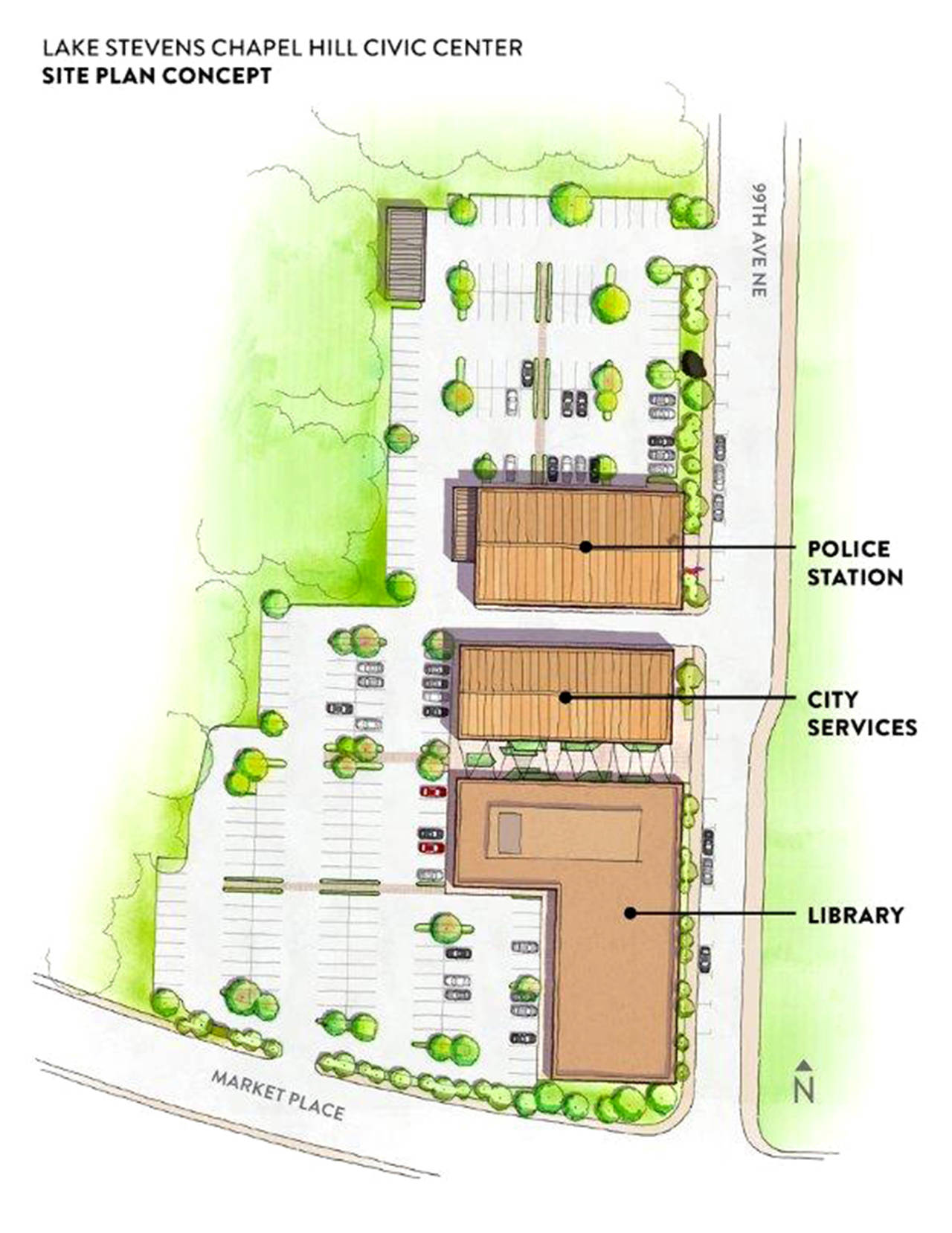 This conceptual drawing shows how a new Lake Stevens Library would have been situated with city services and city police on property near 99th Ave. NE and Market Place in the Chapel Hill area. Initial election results showed that a $17 million bond to fund the construction is short of the 60 percent threshold. (Sno-Isle Libraries)