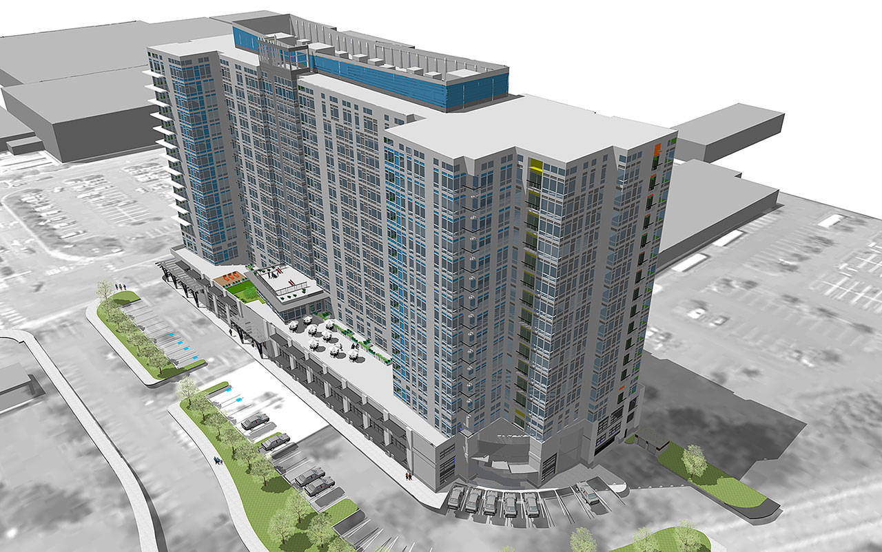 An artist’s rendering shows a planned 18-story apartment building in Lynnwood, which would be the second-tallest structure in Snohomish County. (Cosmos Development)