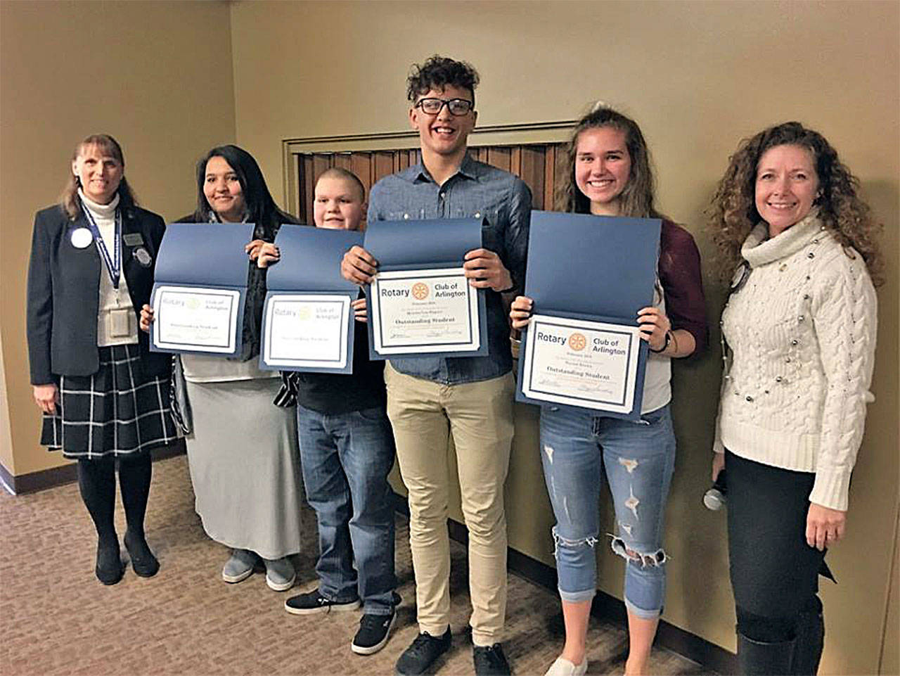 The Arlington Rotary Club named its Students of the Month. Pictured from left are Superintendent Chrys Sweeting, Nekco Jones, Matthew Resnick, Quintin Yon-Wagner, Peyton Brown, and Rotary President Jola Barnett. (Contributed photo)