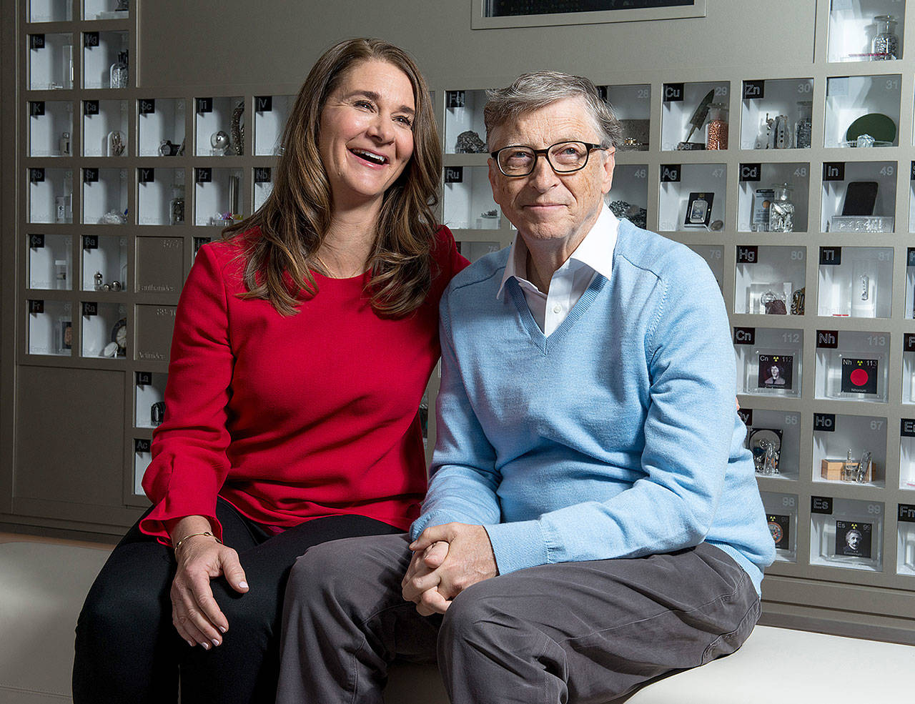 Melinda and Bill Gates pose in their personal office in Kirkland, Washington. (Daniel Berman for The Washington Post)