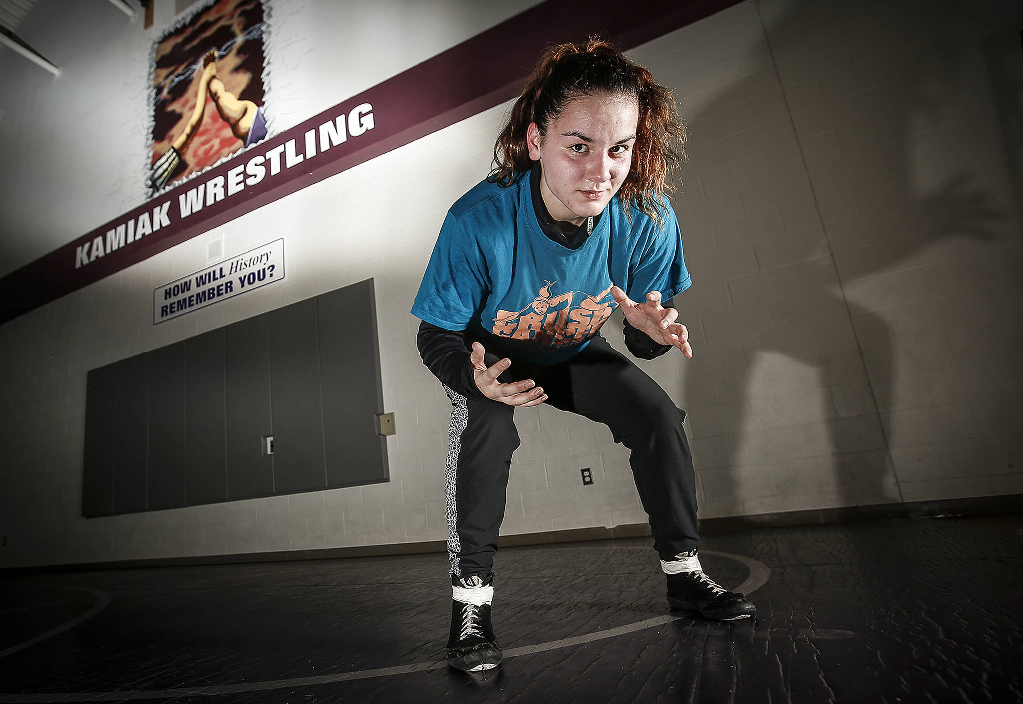Kamiak senior Ally de la Cruz will look to defend her state wrestling title this weekend at Mat Classic XXX in Tacoma. (Ian Terry / The Herald)