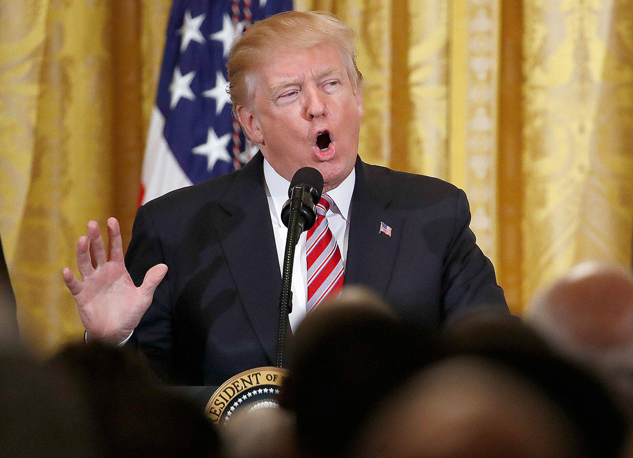 President Donald Trump speaks during the National African American History Month reception in the East Room of the White House on Tuesday. (AP Photo/Carolyn Kaster)