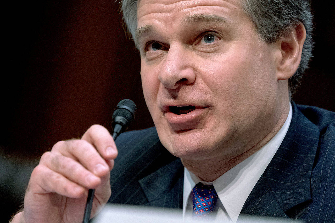 FBI Director Christopher Wray speaks during a Senate Select Committee on Intelligence hearing on Tuesday in Washington. (AP Photo/Andrew Harnik)