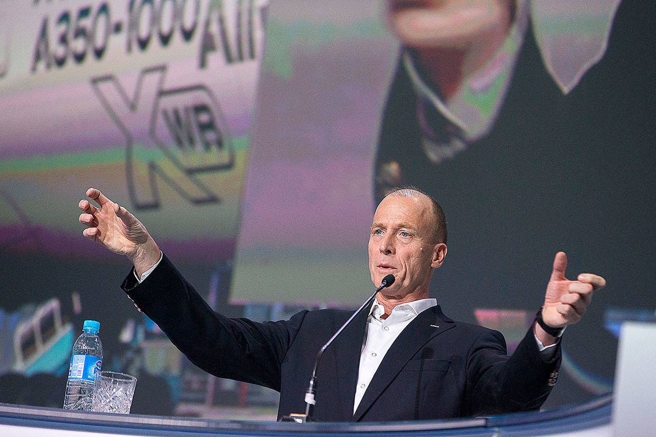 Airbus CEO Tom Enders speaks during an Airbus Group press conference on 2017 annual results in Toulouse, France, on Thursday. (AP Photo/Fred Scheiber)