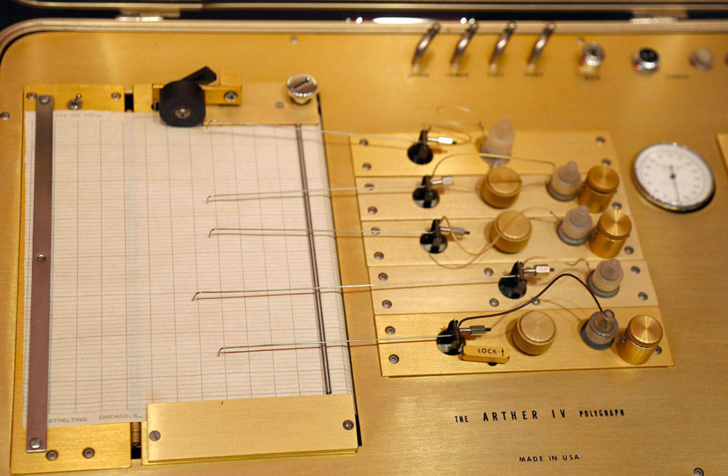 An old lie detector machine is displayed at SPYSCAPE in New York. (Seth Wenig / Associated Press)
