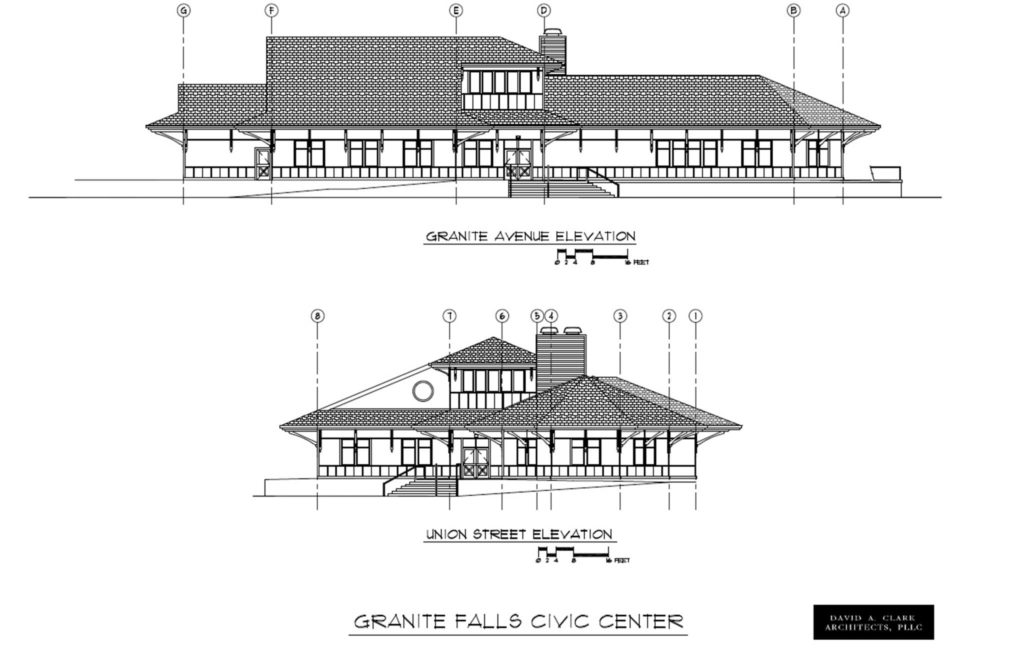 Sketches of the new Civic Center planned in downtown Granite Falls. It is meant to look like an old train station to honor the area’s history and the importance of the railroad in the early days of the town. (City of Granite Falls)
