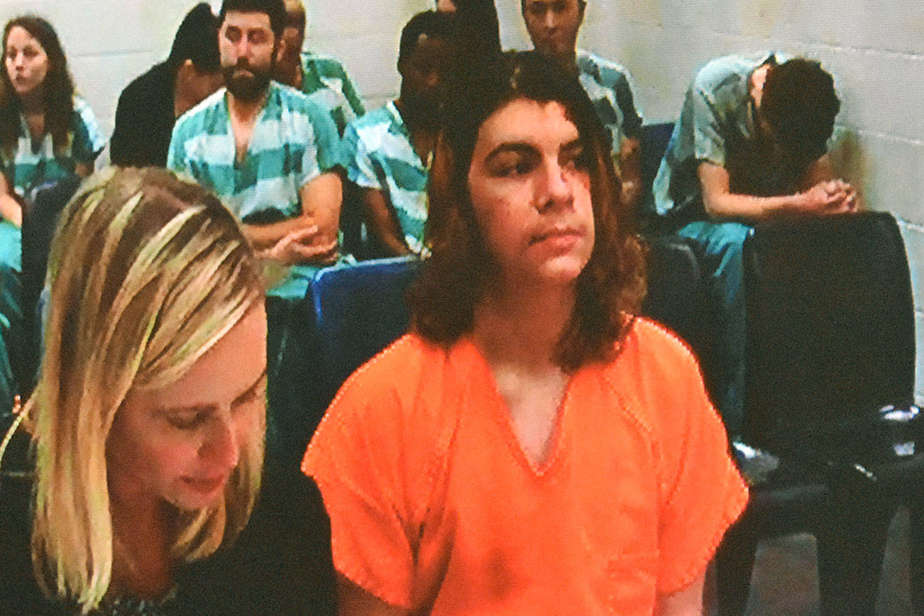 Joshua Alexander O’Connor, 18, appears in court on Wednesday. He is accused of plotting to bomb and shoot classmates at ACES High School in Everett. (Caleb Hutton / The Herald)