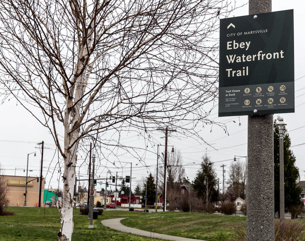 The Ebey Waterfront trail in the city of Marysville is part of two major trail expansion and connection projects, one on the popular waterfront trail and another connecting Bayview to the Centennial Trail near Marysville Getchell High School. (Kevin Clark / The Daily Herald)
