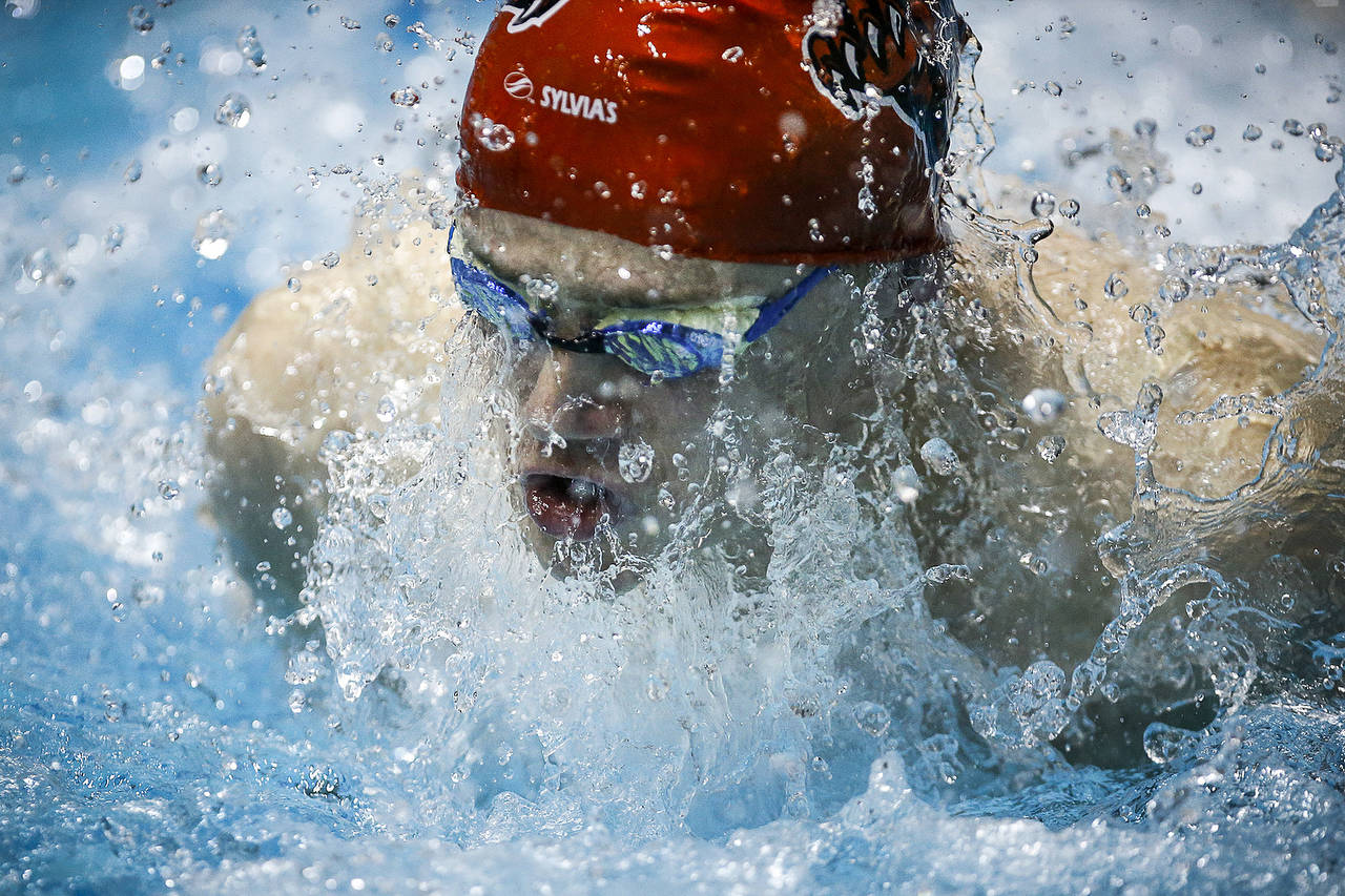 Archbishop Murphy’s Ryan Price swims to third place in the 200-yard individual medley Saturday during the 2A state boys swimming and diving championships at the King County Aquatic Center in Federal Way. (Ian Terry / The Herald)