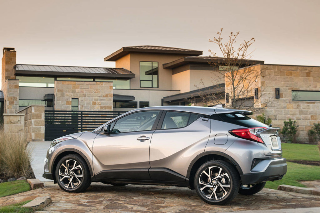 The 2018 C-HR is an all-new model from Toyota. Though it has four doors and a hatch, the second row door handles are camouflaged to give the car a coupelike appearance. (Manufacturer photo)
