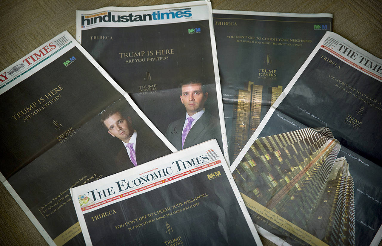 Donald Trump Jr’s Trump Towers ads are seen in major newspapers in New Delhi, India, on Tuesday. (AP Photo/Manish Swarup)