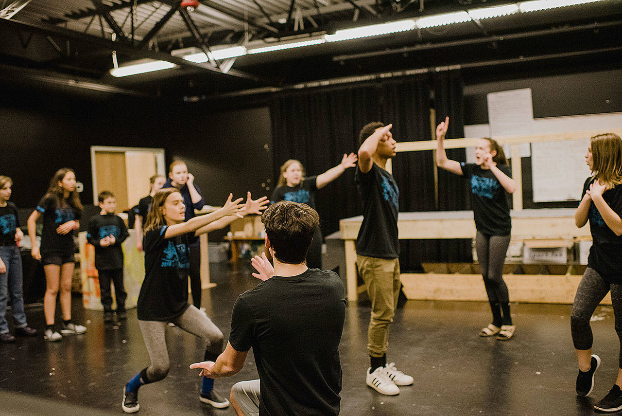 The cast of Archbishop Murphy High School’s “All Shook Up” rehearses for the Elvis-inspired musical comedy, which opens Feb. 23 in Everett. (Photo by Alicia Mae Photography)