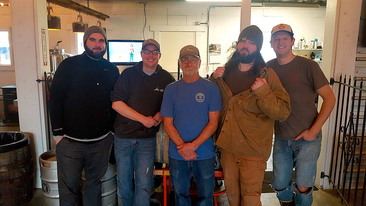 Snohomish brewers John Spada (Spada Farmhouse Brewery), Bryant Castle and David Jez (Haywire Brewing), Greg Krsak (Scrappy Punk Brewing) and Will Hezlap (Lost Canoe Brewing) recently brewed a collaboration beer. (Photo courtesy of Haywire Brewing)