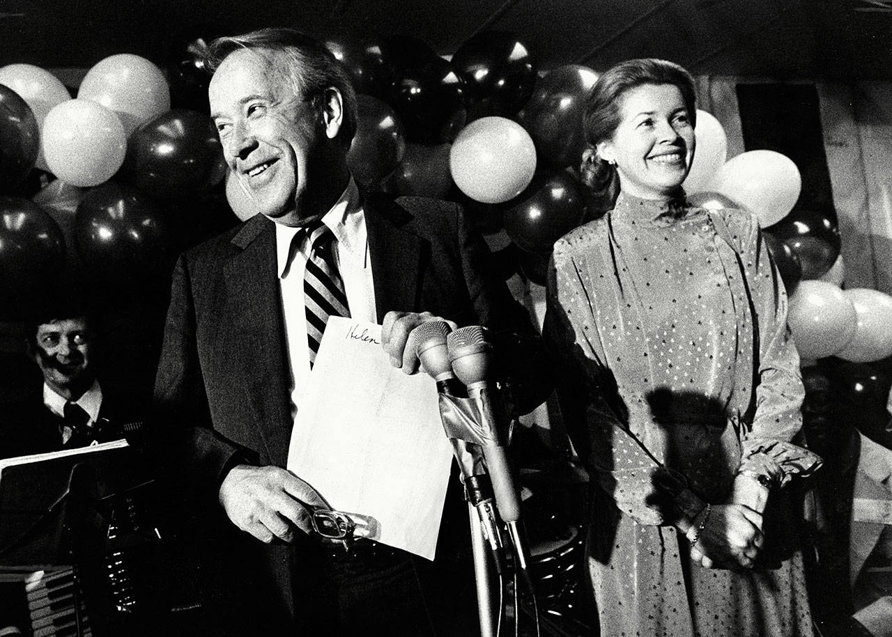 Henry M. “Scoop” Jackson and Helen Jackson in November 1982, the night of his re-election for U.S. senate. (Michael O’Leary / Herald file)