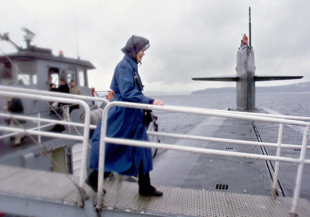 Helen Jackson, widow of congressman and Everett native Henry M. “Scoop” Jackson, boards the Trident nuclear submarine USS Henry M. Jackson in the Hood Canal. The submarine was in Bremerton celebrating its 50th Strategic Deterrent Patrol. (Justin Best / Herald file)
