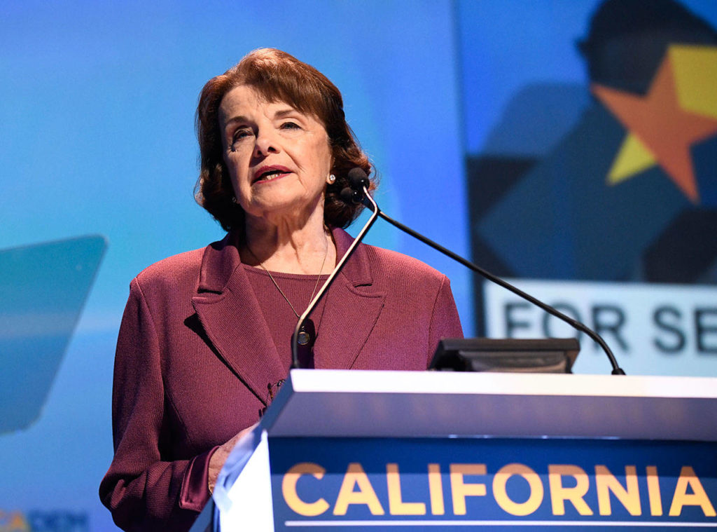 Sen. Dianne Feinstein, D-Calif., speaks at the 2018 California Democrats State Convention Saturday, Feb. 24, 2018, in San Diego. (AP Photo/Denis Poroy)
