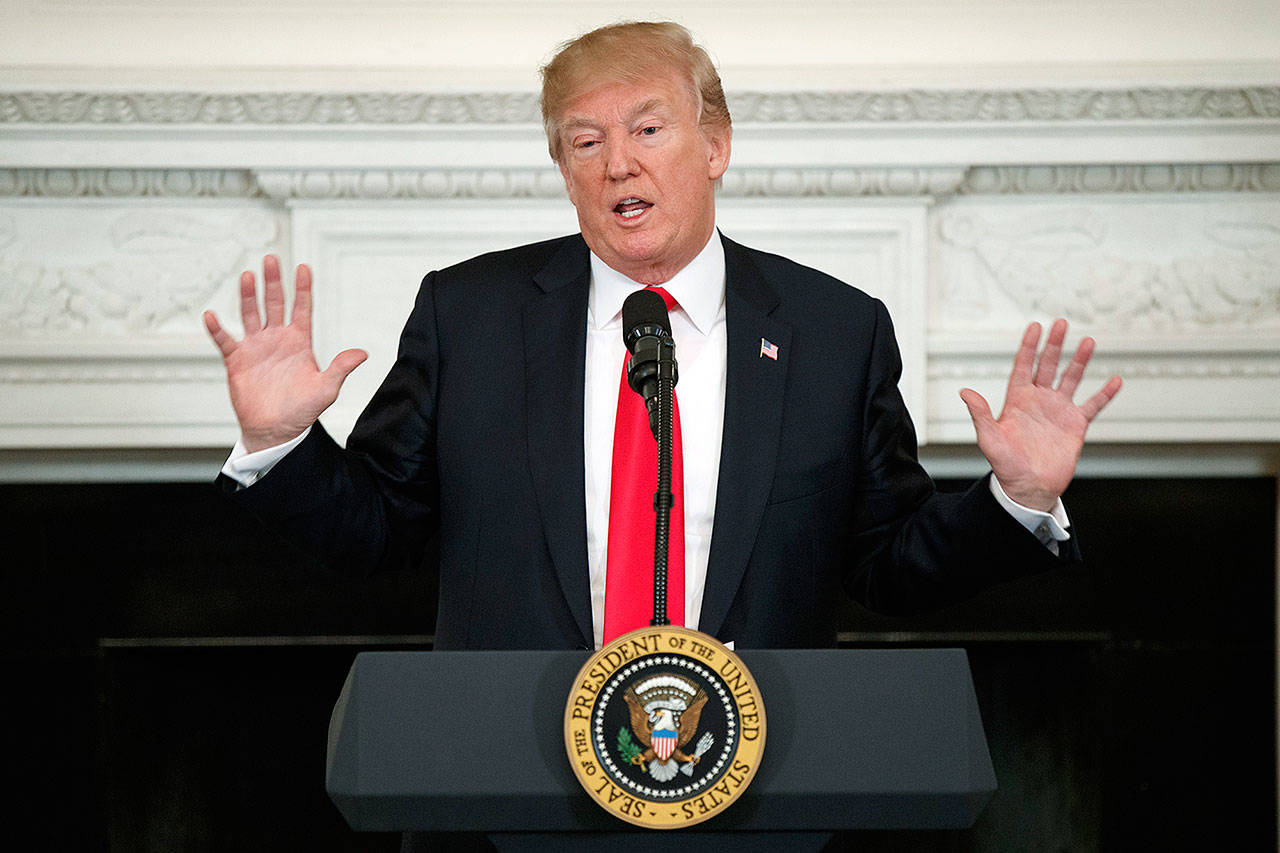 President Donald Trump speaks during a meeting with the members of the National Governors Association in the State Dining Room of the White House on Monday in Washington. (AP Photo/Evan Vucci)