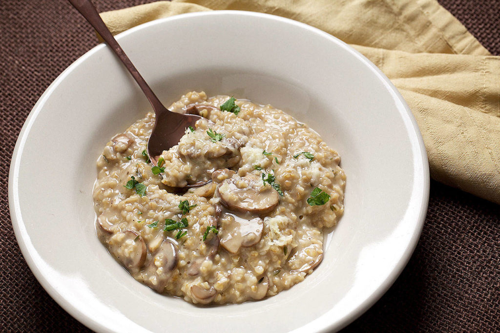 This mushroom risotto swaps Arborio rice for steelcut oats
