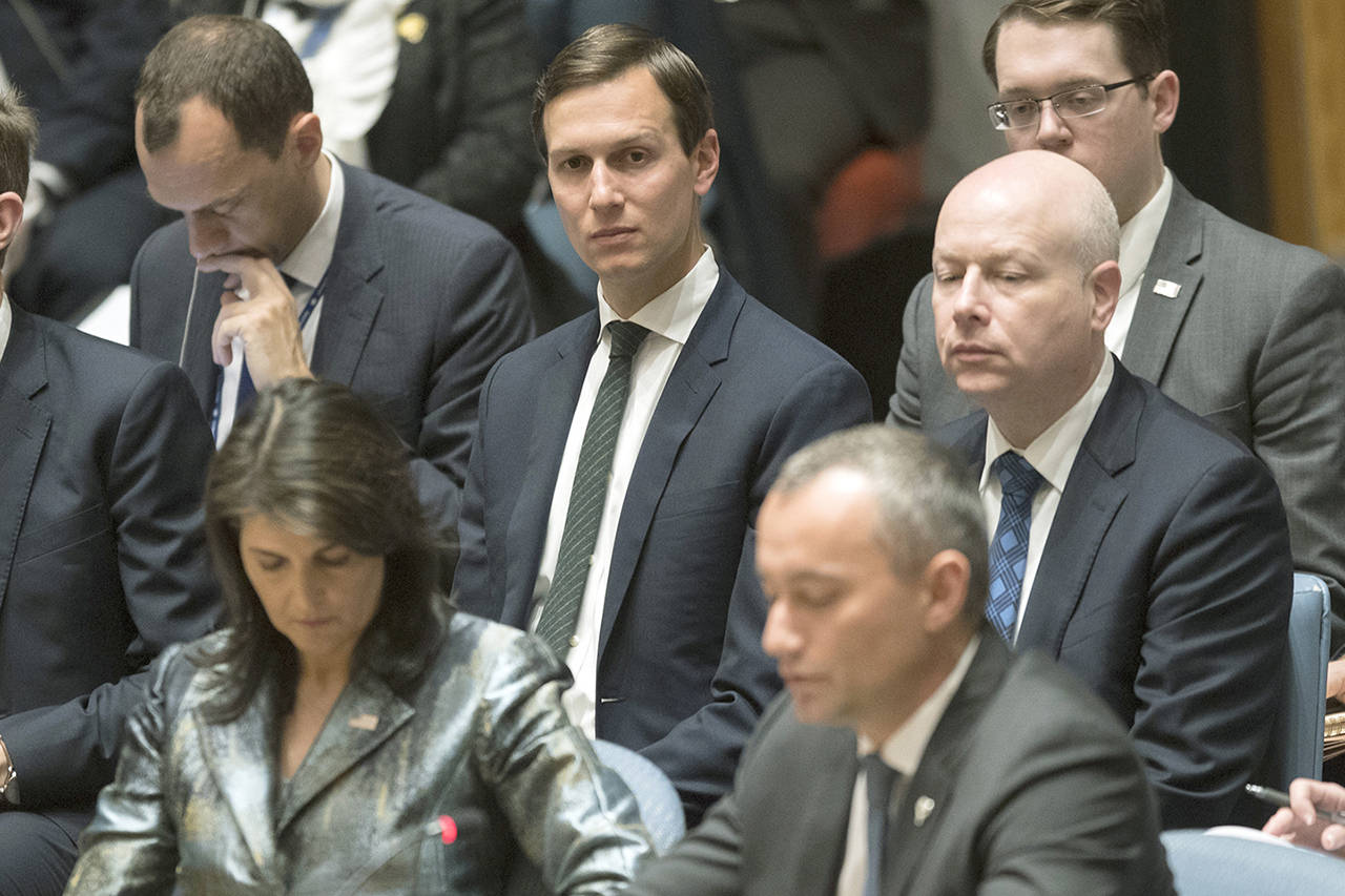 Jared Kushner (center) attends a Security Council meeting on the situation in Palestine on Feb. 20 at United Nations headquarters. (AP Photo/Mary Altaffer)