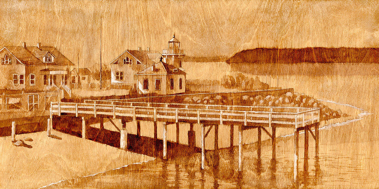 “Mukilteo Lighthouse & Waterfront,” coffee on birch plywood by Allan C. Carandang.