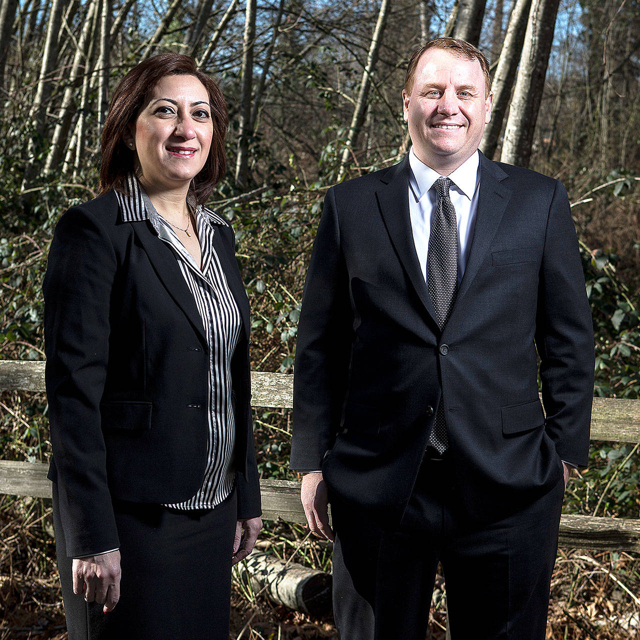 Scotsman Guide and Ask a Lender CEO Brian Simmons (right) and Director of Content Strategy Rania Efthemes near the company’s office in Bothell. (Ian Terry / The Herald)