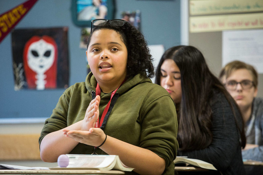 Cascade High School’s Jacy Allen talks about her life experiences during a class focused around the life of Malala Yousafzai on Feb. 28 in Everett. (Andy Bronson / The Herald)
