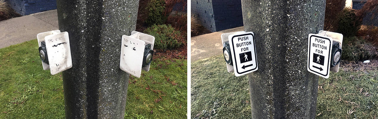 Older crosswalk signs are prone to “legend failure” (left), a problem solved with stickers (right) until the crosswalk equipment is eventually upgraded to ADA-compliant push buttons. (Herald photos)