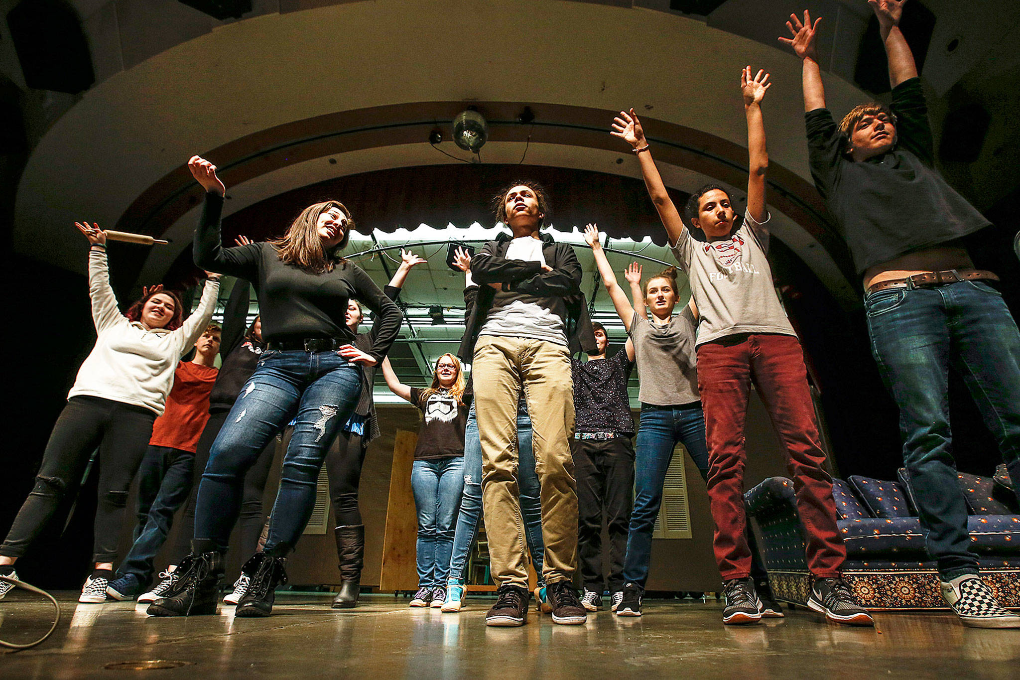 Marysville Pilchuck High School’s drama club rehearses at the school Feb. 20. (Ian Terry / The Herald)