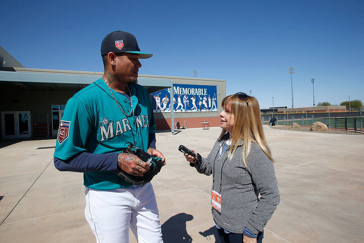 Shannon Drayer interviews pitcher Felix Hernandez at the Mariners spring training complex in Peoria.